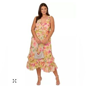 Adrianna Papell Yellow Floral Ruffle Midi Dress with Pink & Green Accents
